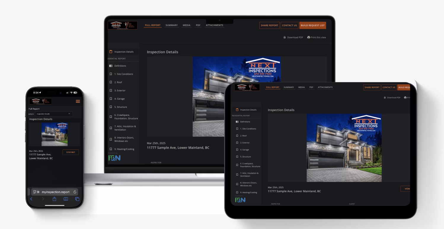 next inspections website shown on iPhone, iPad and MacBook Pro screens what to expect from your home inspection reports in surrey